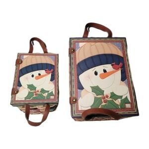 2 Christmas Baskets With Snowman Lg. & Sm Jan Shade Beach Weaved Leather Handles